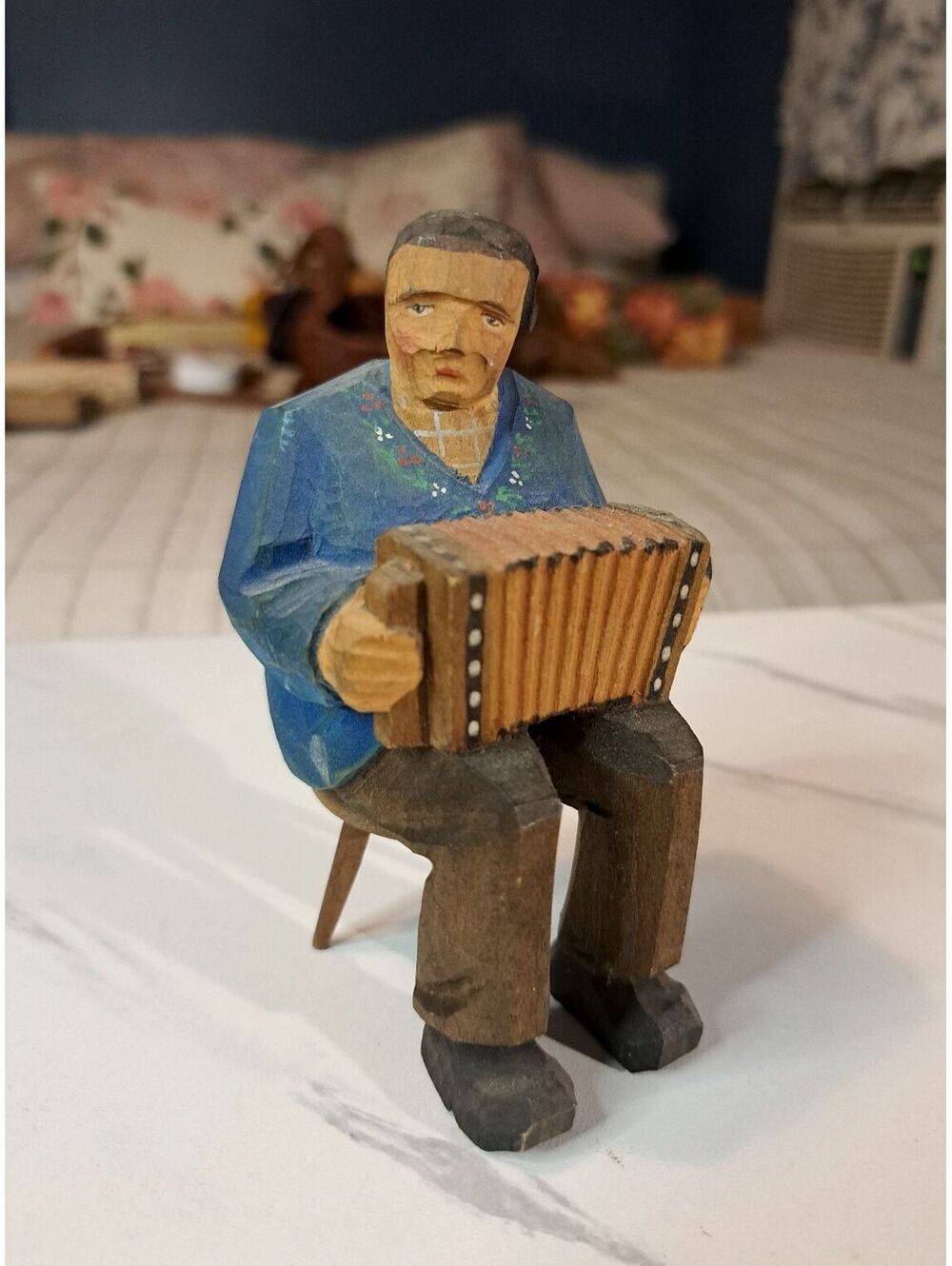 Vintage Scandinavian Hand-Carved Wooden Folk Art Figurine Man w/ Accordion 4.5"